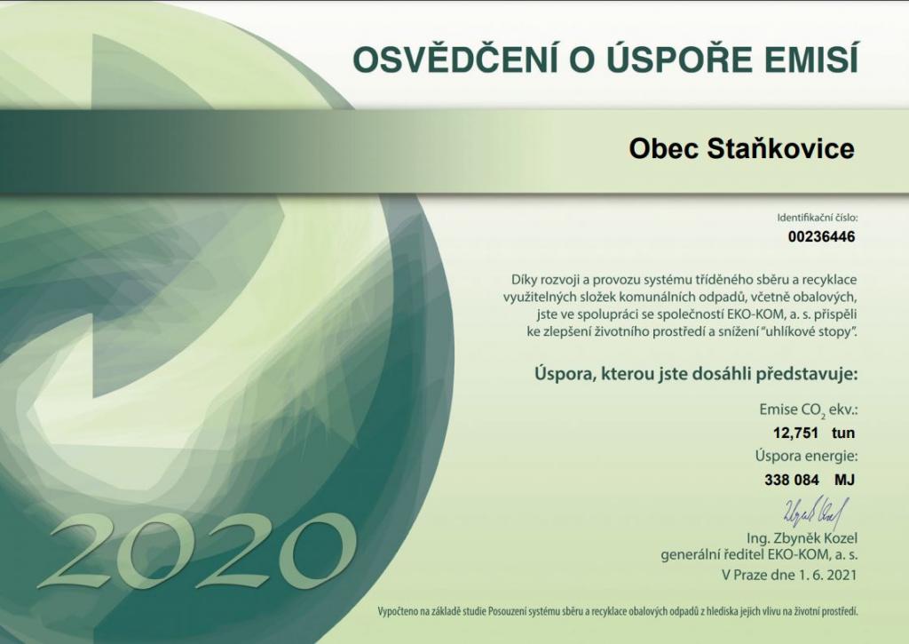 EKO-KOM Osvědčení o úspoře emisí za rok 2020 - Obec Staňkovice